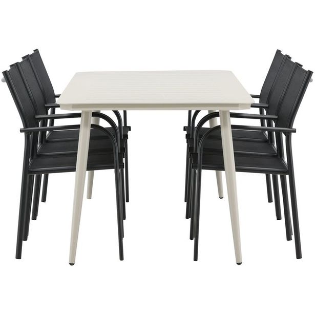 Ruokailuryhmä Venture Home, 200x90cm beige Lina-pöytä + 6 mustaa, pinottavaa Santorini-tuolia