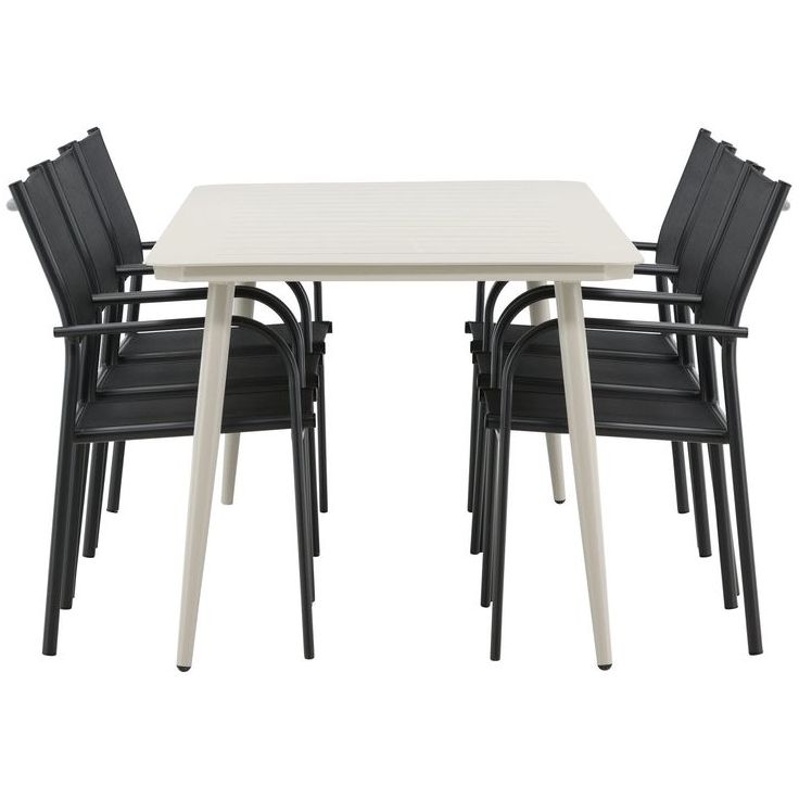Ruokailuryhmä Venture Home, 200x90cm beige Lina-pöytä + 6 mustaa, pinottavaa Santorini-tuolia