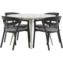 Ruokailuryhmä Venture Home, ø120cm, beige Lina-pöytä + 4 mustaa Slit-tuolia harmailla pehmusteilla