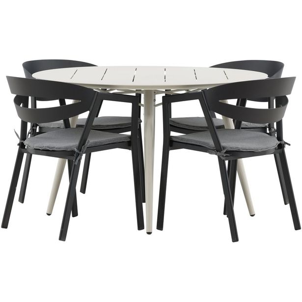 Ruokailuryhmä Venture Home, ø120cm, beige Lina-pöytä + 4 mustaa Slit-tuolia harmailla pehmusteilla