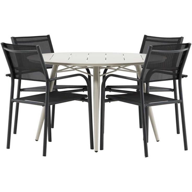 Ruokailuryhmä Venture Home, ø120cm, beige Lina-pöytä + 4 mustaa, pinottavaa Santorini-tuolia