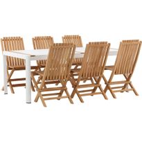 Ruokailuryhmä Venture Home, 200x100cm valkoinen/tiikki Togo-pöytä + 6 ruskeaa Ghana-taittotuolia