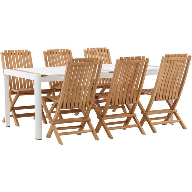 Ruokailuryhmä Venture Home, 200x100cm valkoinen/tiikki Togo-pöytä + 6 ruskeaa Ghana-taittotuolia