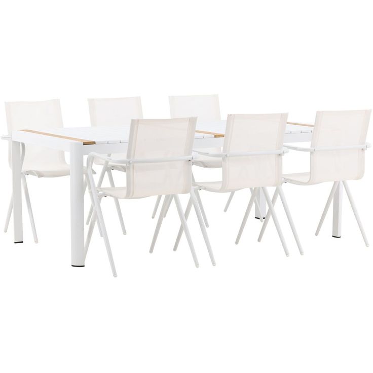 Ruokailuryhmä Venture Home, 200x100cm valkoinen/tiikki Togo-pöytä + 6 valkoista Alina-tuolia