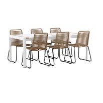Ruokailuryhmä Venture Home, 200x100cm valkoinen/tiikki Togo-pöytä + 6 ruskeaa, pinottavaa Lindos-tuolia