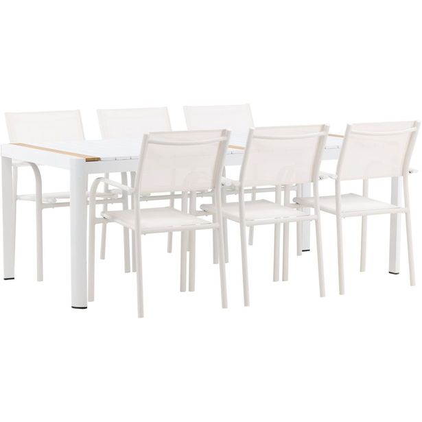 Ruokailuryhmä Venture Home, 200x100cm valkoinen/tiikki Togo-pöytä + 6 valkoista, pinottavaa Santorini-tuolia