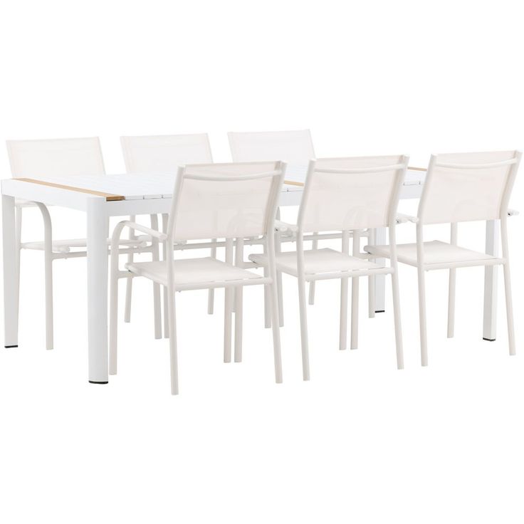 Ruokailuryhmä Venture Home, 200x100cm valkoinen/tiikki Togo-pöytä + 6 valkoista, pinottavaa Santorini-tuolia