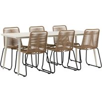 Ruokailuryhmä Venture Home, 200x90cm beige Lina-pöytä + 6 ruskeaa, pinottavaa Lindos-tuolia