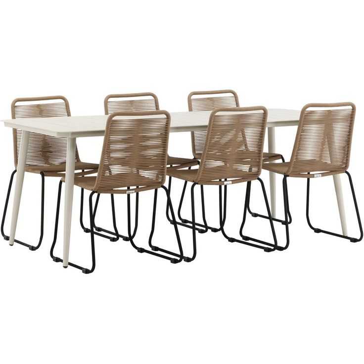 Ruokailuryhmä Venture Home, 200x90cm beige Lina-pöytä + 6 ruskeaa, pinottavaa Lindos-tuolia