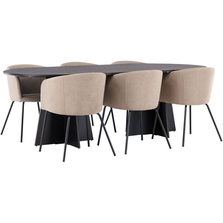 Ruokailuryhmä Venture Home, 230x115cm musta Bootcut Oval -pöytä + 6 beigeä Berit-tuolia