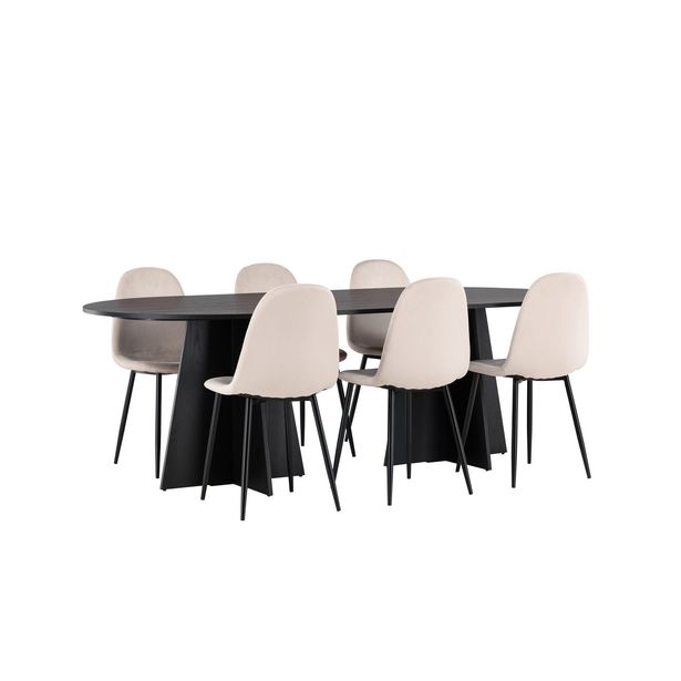 Ruokailuryhmä Venture Home, 230x115cm musta Bootcut Oval -pöytä + 6 beigeä Polar-tuolia, sametti