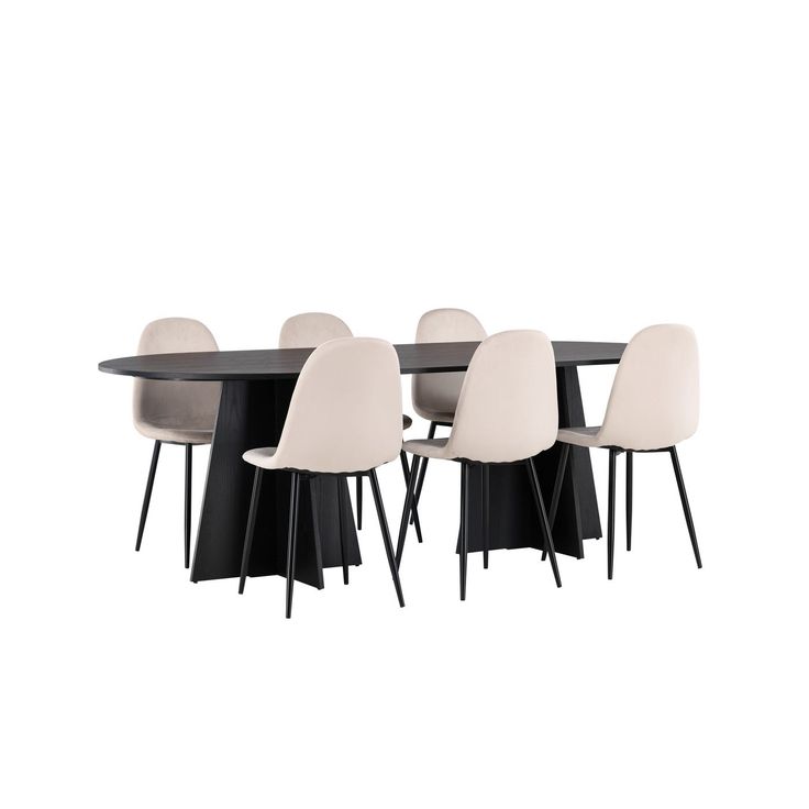 Ruokailuryhmä Venture Home, 230x115cm musta Bootcut Oval -pöytä + 6 beigeä Polar-tuolia, sametti