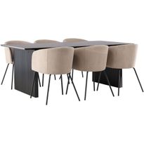 Ruokailuryhmä Venture Home, 200x100cm musta Vail-pöytä + 6 beigeä Berit-tuolia