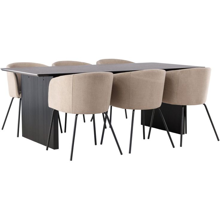 Ruokailuryhmä Venture Home, 200x100cm musta Vail-pöytä + 6 beigeä Berit-tuolia