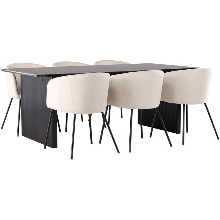 Ruokailuryhmä Venture Home, 200x100cm musta Vail-pöytä + 6 beigeä Berit-tuolia, sametti