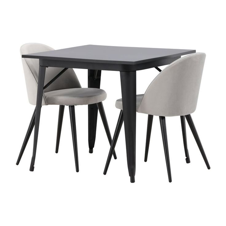 Ruokailuryhmä Venture Home, 80x80cm musta Tempe-pöytä + 2 harmaata Velvet-tuolia