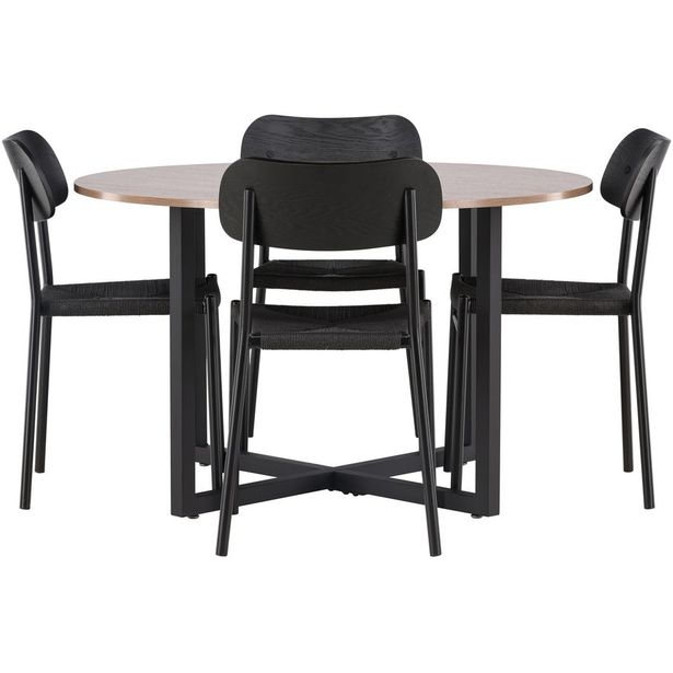Ruokailuryhmä Venture Home, ⌀120cm Durango-pöytä + 4 mustaa Polly-tuolia