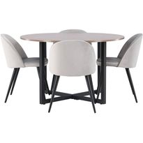 Ruokailuryhmä Venture Home, ⌀120cm Durango-pöytä + 4 harmaata Velvet-tuolia