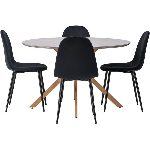 Ruokailuryhmä Venture Home, ⌀120cm harmaa/ruskea Piazza-ruokapöytä + 4 mustaa Polar-tuolia, sametti