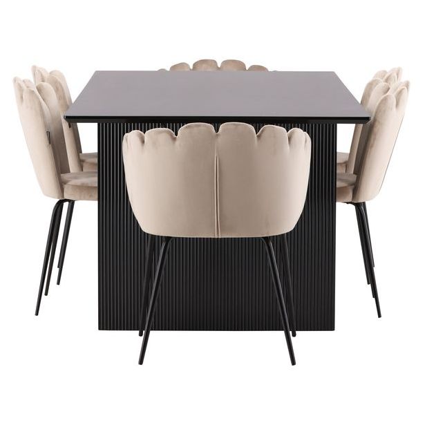 Ruokailuryhmä Venture Home, 200x100cm musta Vail-pöytä + 4 beigeä Limhamn Light -tuolia, sametti