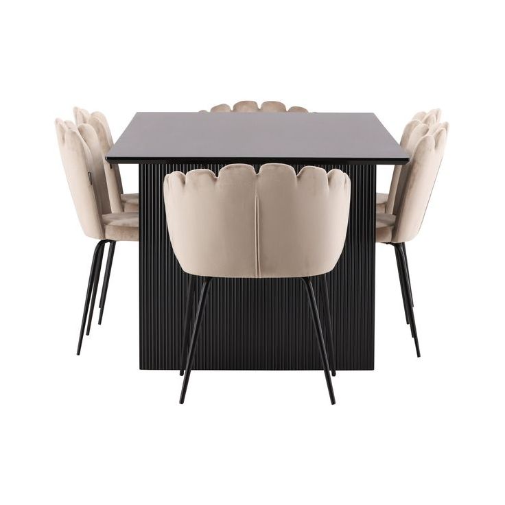 Ruokailuryhmä Venture Home, 200x100cm musta Vail-pöytä + 4 beigeä Limhamn Light -tuolia, sametti