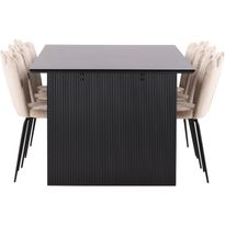 Ruokailuryhmä Venture Home, 200x100cm musta Vail-pöytä + 6 beigeä Limhamn Light -tuolia, sametti