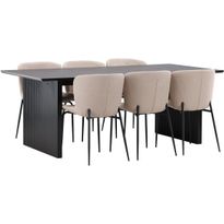 Ruokailuryhmä Venture Home, 200x100cm musta Vail-pöytä + 6 Modesto-tuolia, bouclé