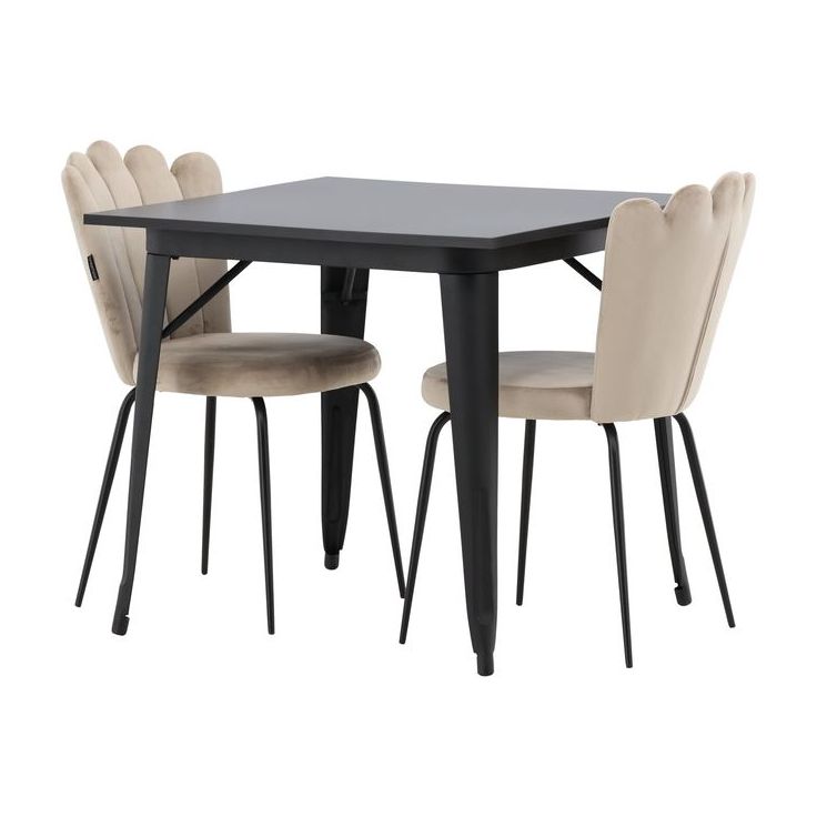 Ruokailuryhmä Venture Home, 80x80cm musta Tempe-pöytä + 2 beigeä Limhamn Light -tuolia