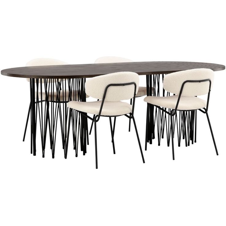 Ruokailuryhmä Venture Home, 220x100cm ruskea Stone Oval -pöytä + 4 valkoista Chico-tuolia, bouclé