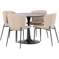Ruokailuryhmä Venture Home, ⌀100cm musta Glade-pöytä + 4 beigeä Modesto-tuolia