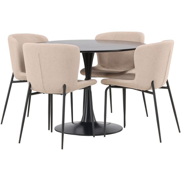 Ruokailuryhmä Venture Home, ⌀100cm musta Glade-pöytä + 4 beigeä Modesto-tuolia