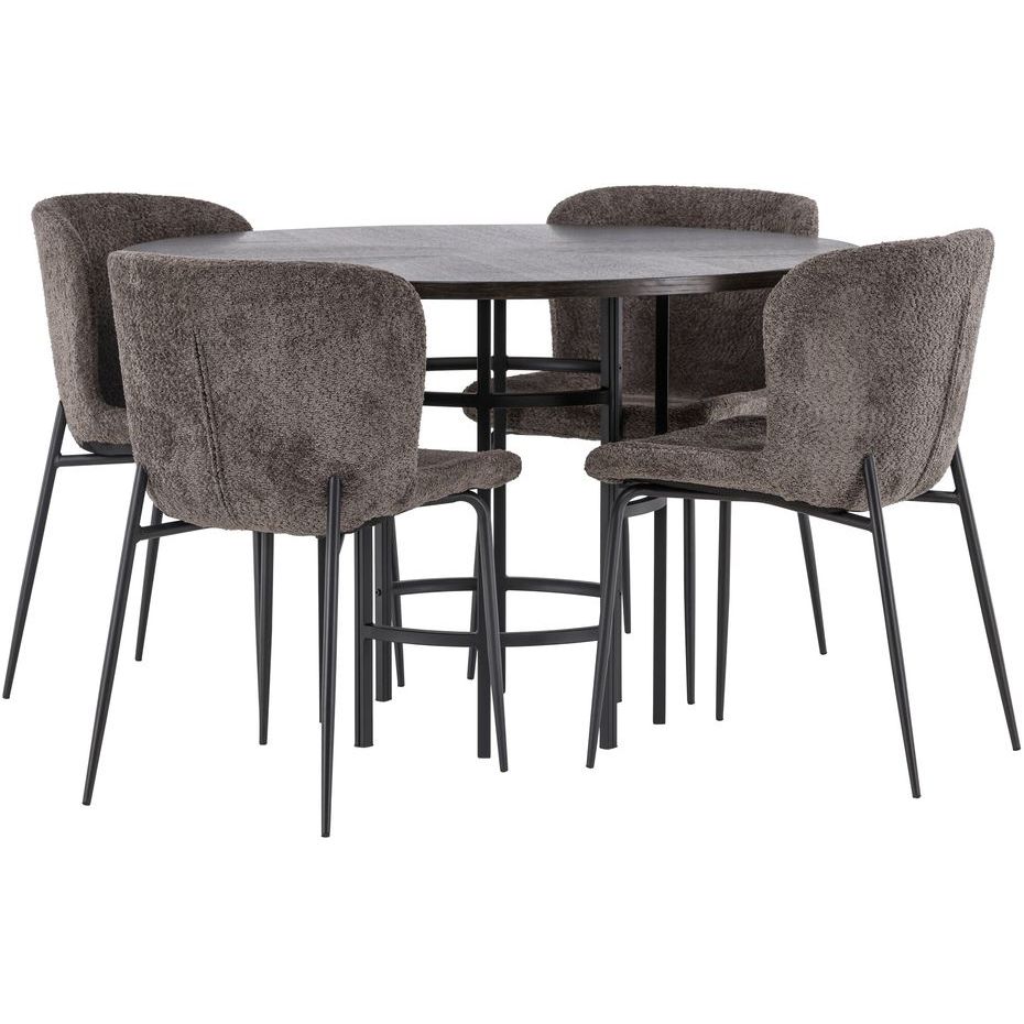 Ruokailuryhmä Venture Home, ⌀115cm ruskea Copenhagen-pöytä + 4 tummanharmaata Modesto-tuolia