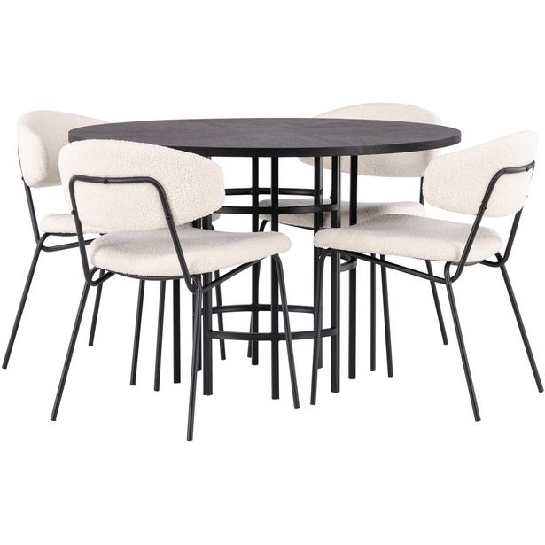Ruokailuryhmä Venture Home, ⌀115cm Copenhagen-pöytä + 4 valkoista Chico-tuolia