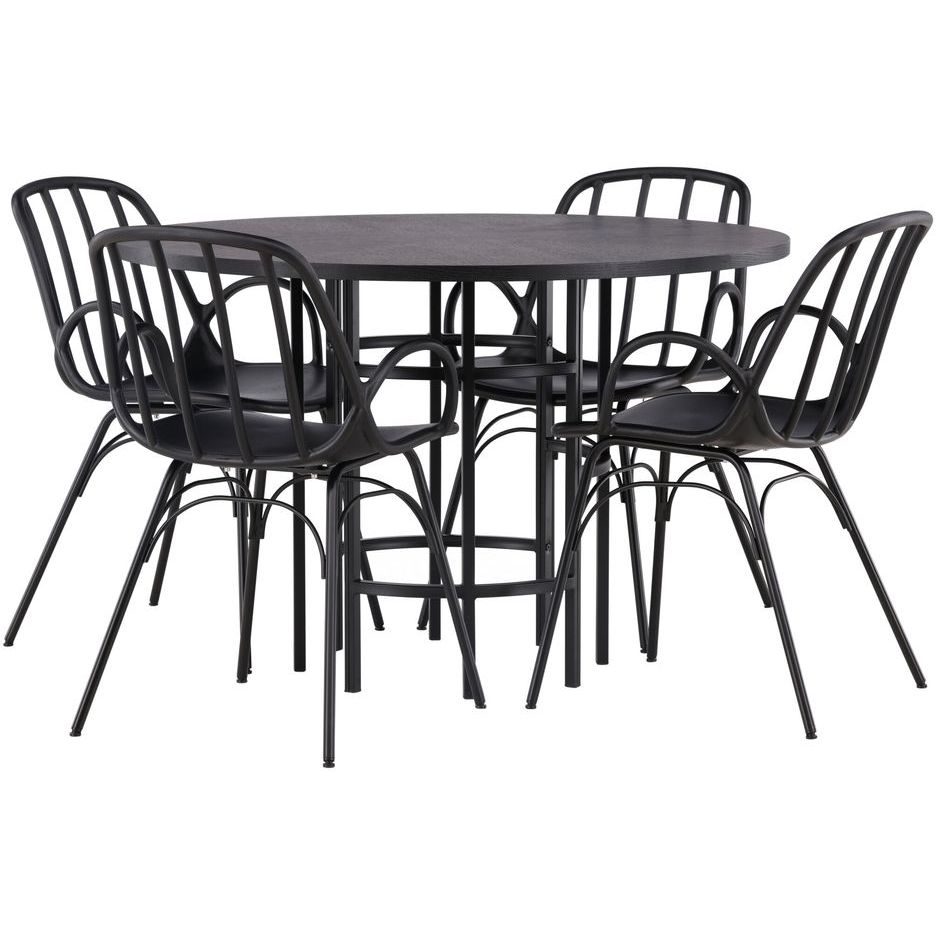 Ruokailuryhmä Venture Home, ⌀115cm musta Copenhagen-pöytä + 4 mustaa Dyrön-tuolia