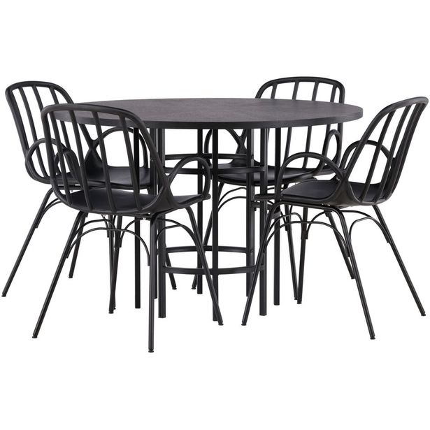 Ruokailuryhmä Venture Home, ⌀115cm Copenhagen-pöytä + 4 mustaa Dyrön-tuolia