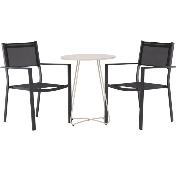 Parvekeryhmä Venture Home, ø60cm Bacong-pöytä + 2 mustaa, pinottavaa Copacabana-tuolia