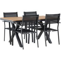 Ruokailuryhmä Venture Home, 150x90cm ruskea/musta Garcia-pöytä + 4 mustaa, pinottavaa Copacabana-tuolia