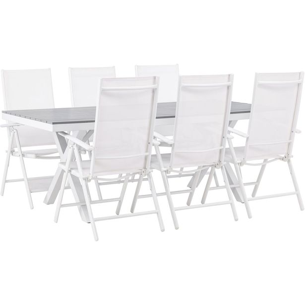 Ruokailuryhmä Venture Home, 200x100cm harmaa/valkoinen Garcia-pöytä + 6 valkoista Break-tuolia