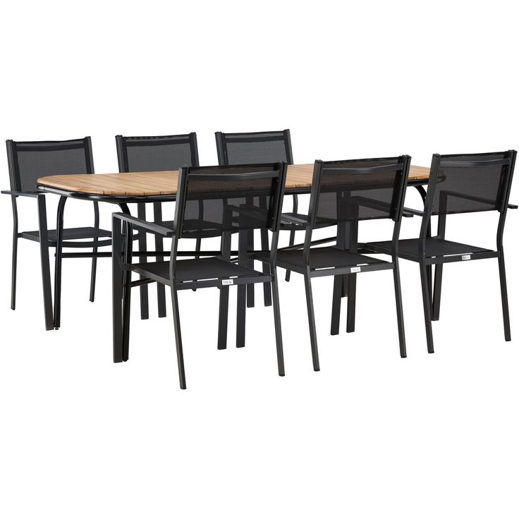 Ruokailuryhmä Venture Home, 200x90cm ruskea/musta Holmbeck-pöytä + 6 mustaa, pinottavaa Copacabana-tuolia