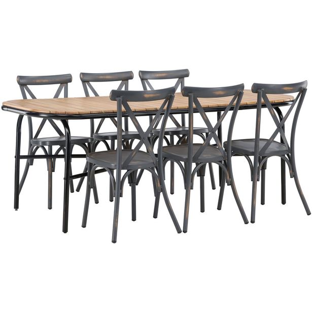 Ruokailuryhmä Venture Home, 200x90cm ruskea/musta Holmbeck-pöytä + 6 mustaa Tablas-tuolia