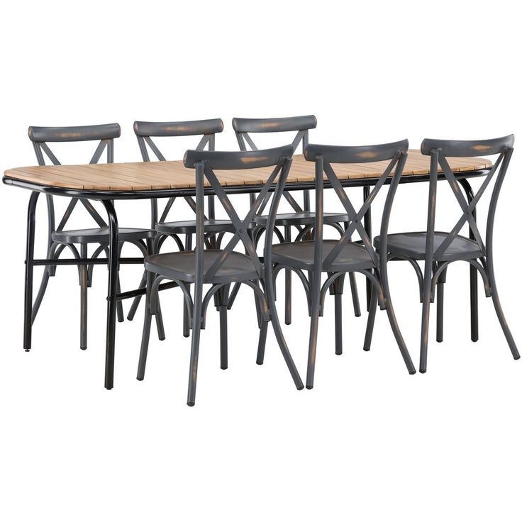 Ruokailuryhmä Venture Home, 200x90cm ruskea/musta Holmbeck-pöytä + 6 mustaa Tablas-tuolia