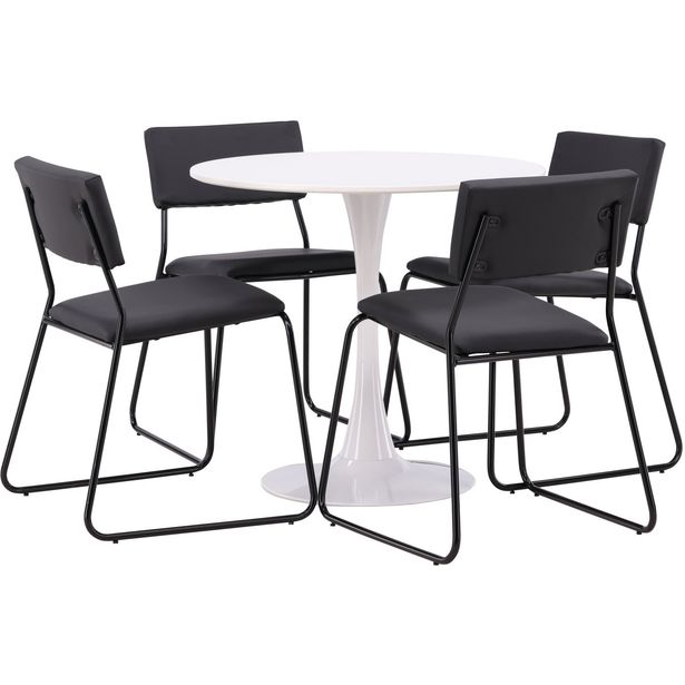 Pyöreä ruokailuryhmä Venture Home, Ø80cm, valkoinen Hamden-pöytä + 4 mustaa Kenth-tuolia, keinonahka