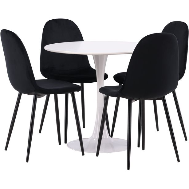 Pyöreä ruokailuryhmä Venture Home, Ø80cm, valkoinen Hamden-pöytä + 4 mustaa Polar-tuolia, sametti