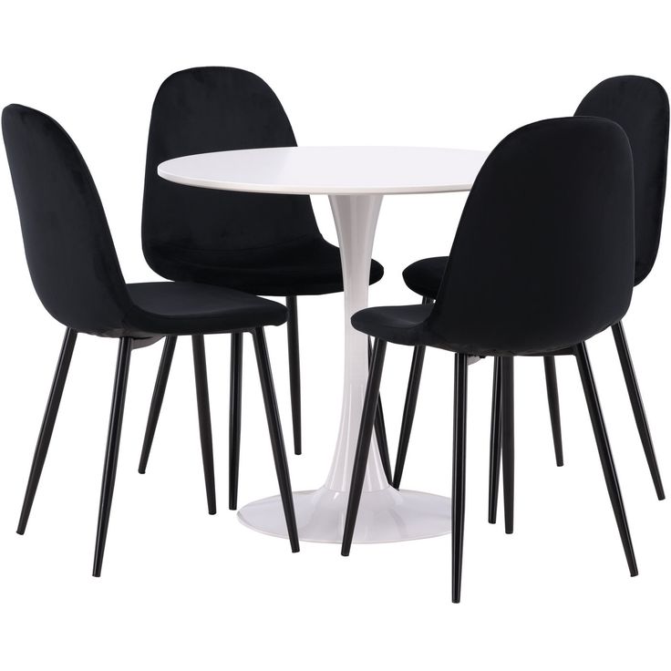 Pyöreä ruokailuryhmä Venture Home, Ø80cm, valkoinen Hamden-pöytä + 4 mustaa Polar-tuolia, sametti