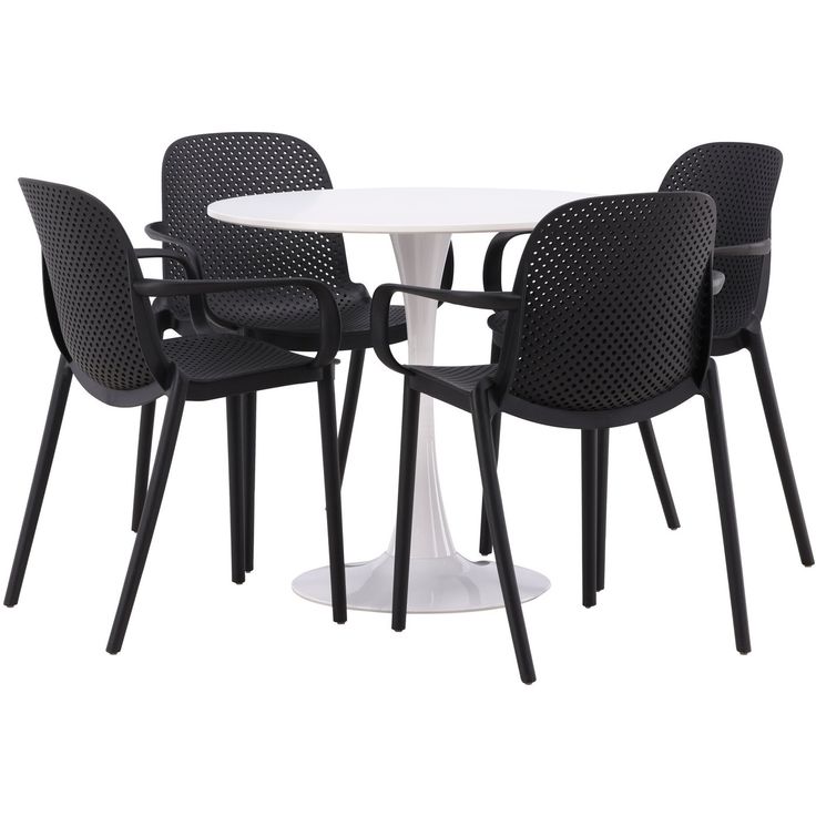 Pyöreä ruokailuryhmä Venture Home, Ø80cm, valkoinen Hamden-pöytä + 4 mustaa Baltimore-tuolia