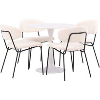 Pyöreä ruokailuryhmä Venture Home, Ø80cm, valkoinen Hamden-pöytä + 4 valkoista Chico-tuolia, bouclé