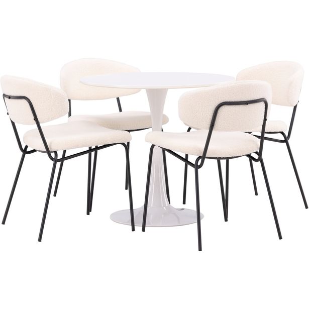 Pyöreä ruokailuryhmä Venture Home, Ø80cm, valkoinen Hamden-pöytä + 4 valkoista Chico-tuolia, bouclé