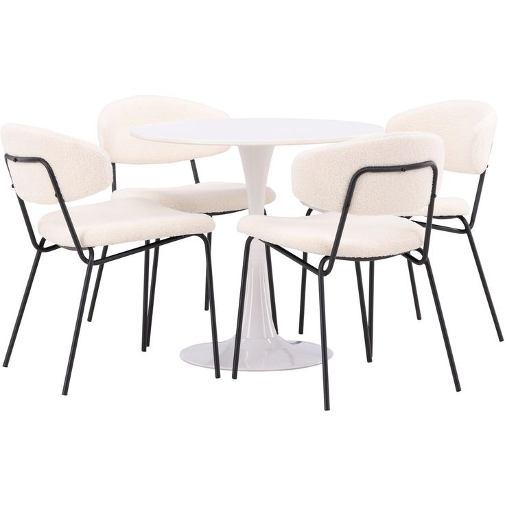 Pyöreä ruokailuryhmä Venture Home, Ø80cm, valkoinen Hamden-pöytä + 4 valkoista Chico-tuolia, bouclé