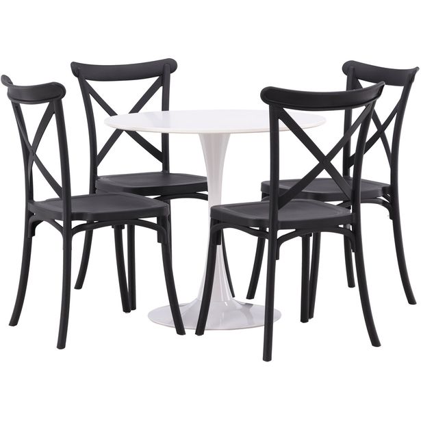 Pyöreä ruokailuryhmä Venture Home, Ø80cm, valkoinen Hamden-pöytä + 4 mustaa Crosett-tuolia
