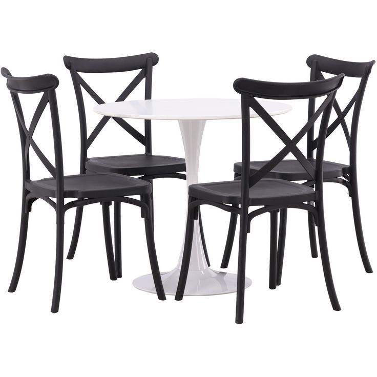 Pyöreä ruokailuryhmä Venture Home, Ø80cm, valkoinen Hamden-pöytä + 4 mustaa Crosett-tuolia